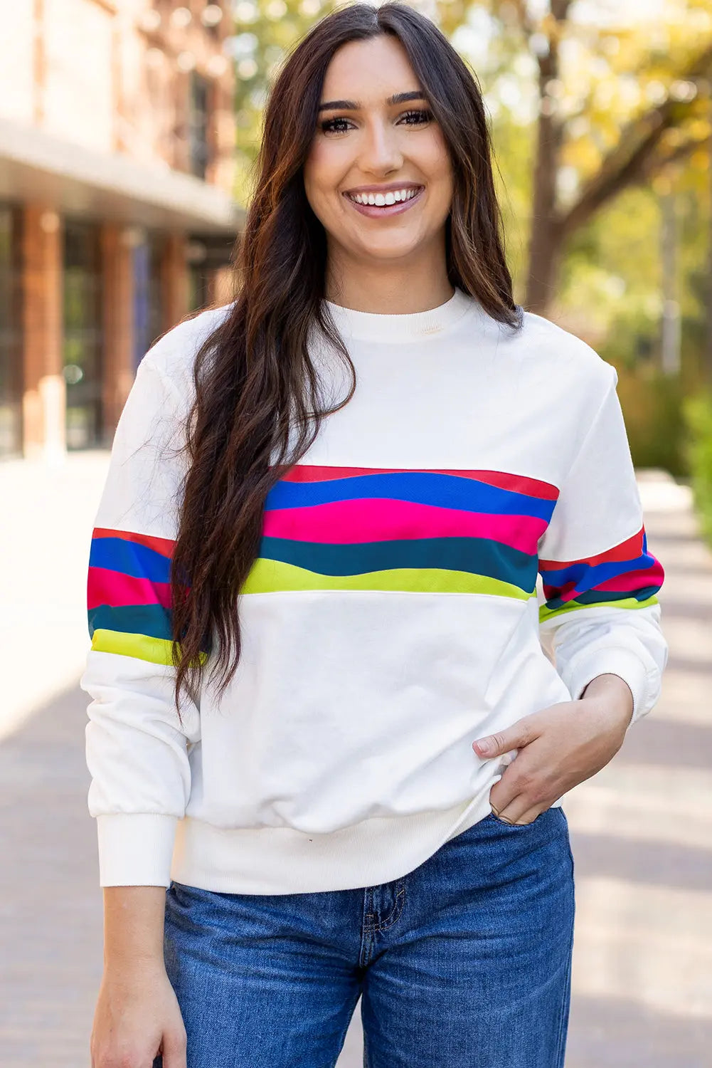 Green Colourful Striped Accent Long Sleeve T Shirt Beagle Boutique Fashion Outlet