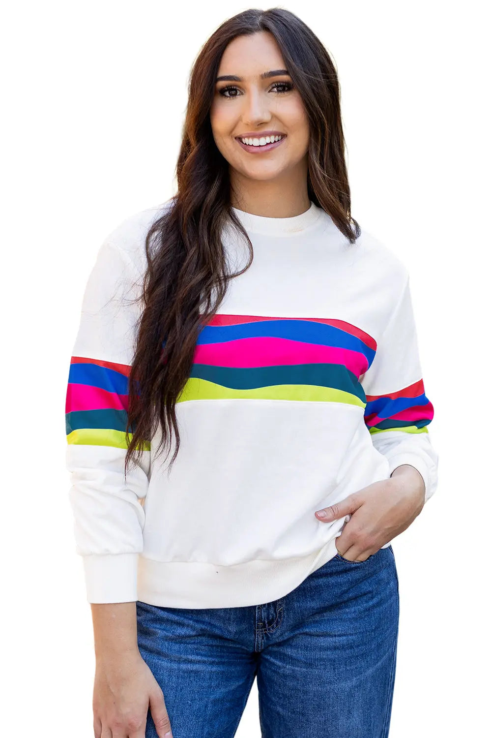Green Colourful Striped Accent Long Sleeve T Shirt Beagle Boutique Fashion Outlet