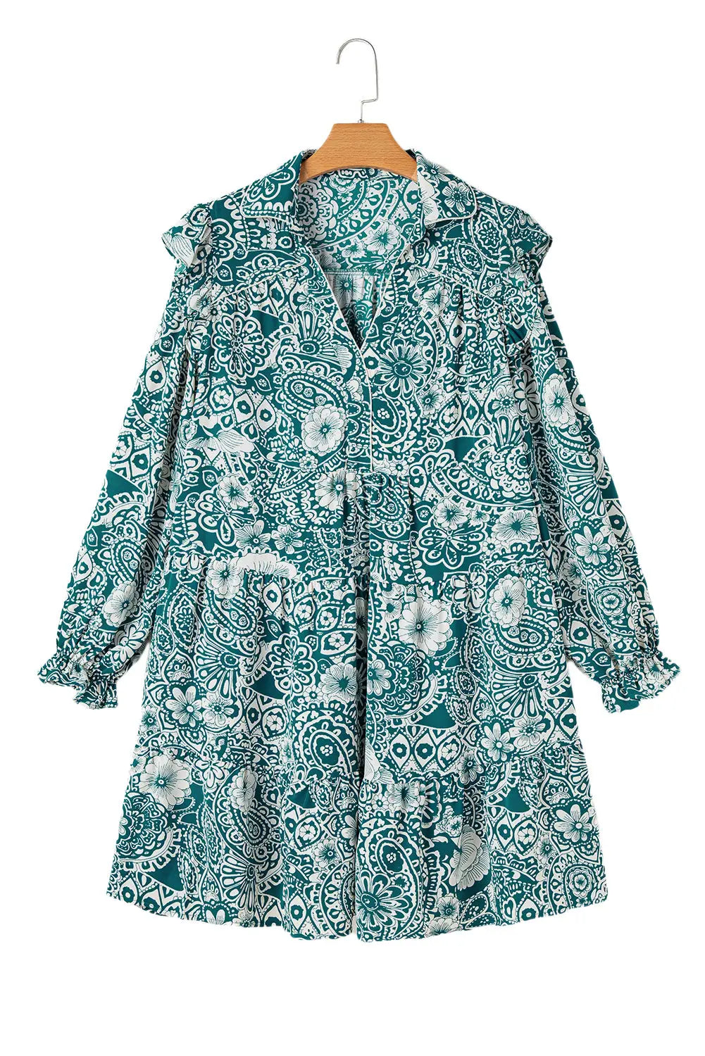 Green Floral Flounce Sleeve Split Neck Plus Size Dress - eAura