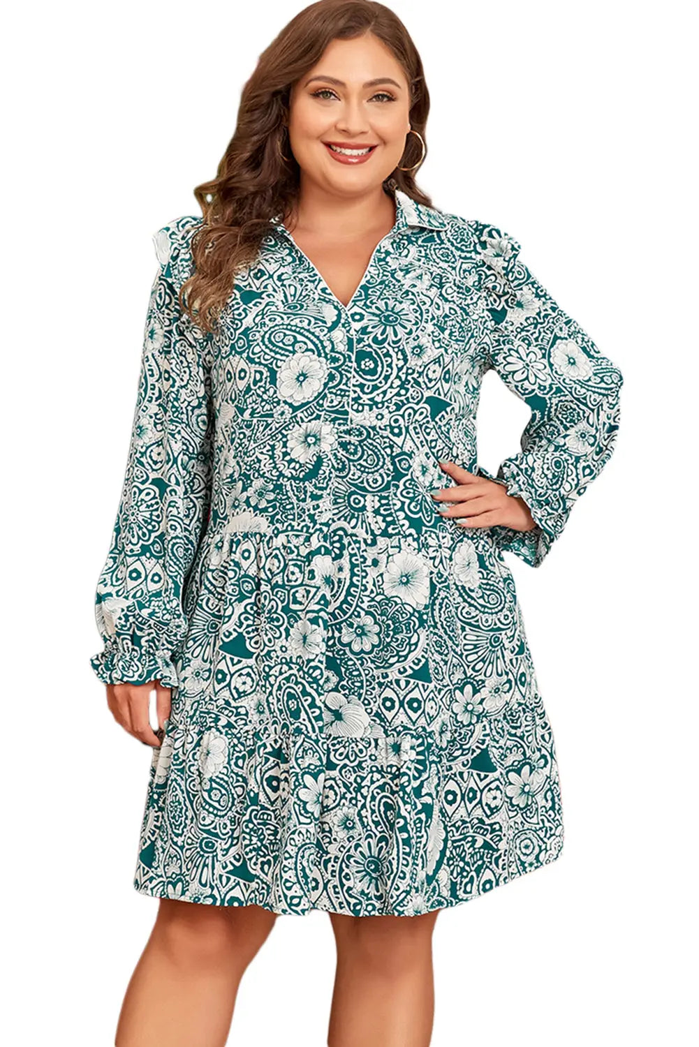 Green Floral Flounce Sleeve Split Neck Plus Size Dress - eAura