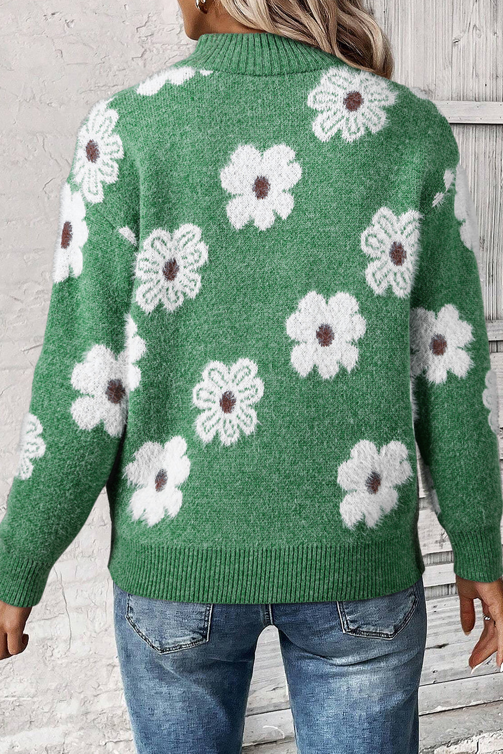 Green Floral Pattern Half Zip Drop Shoulder Sweater - eAura