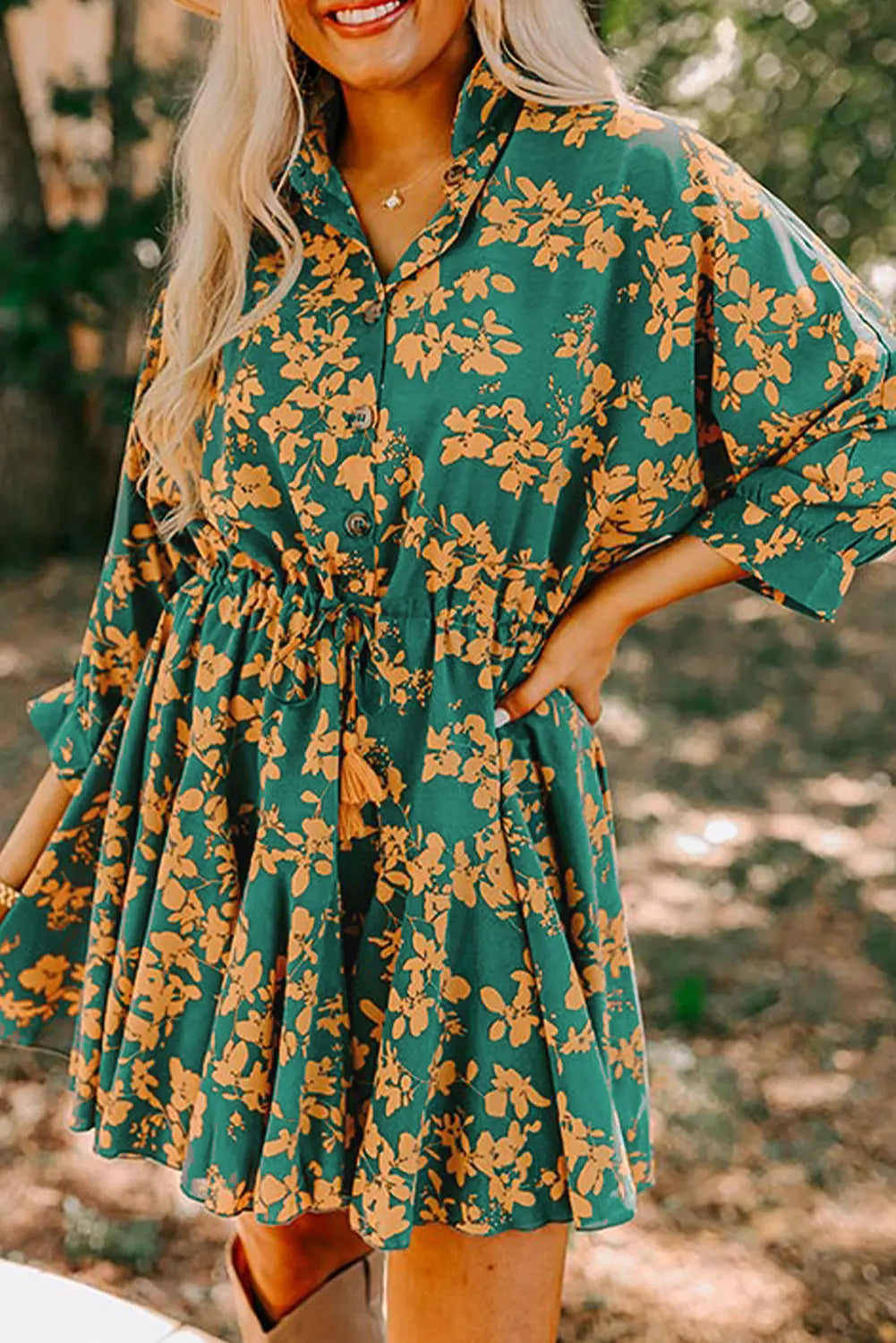 Green Floral Print Drawstring Tunic Flowy Short Dress eAura
