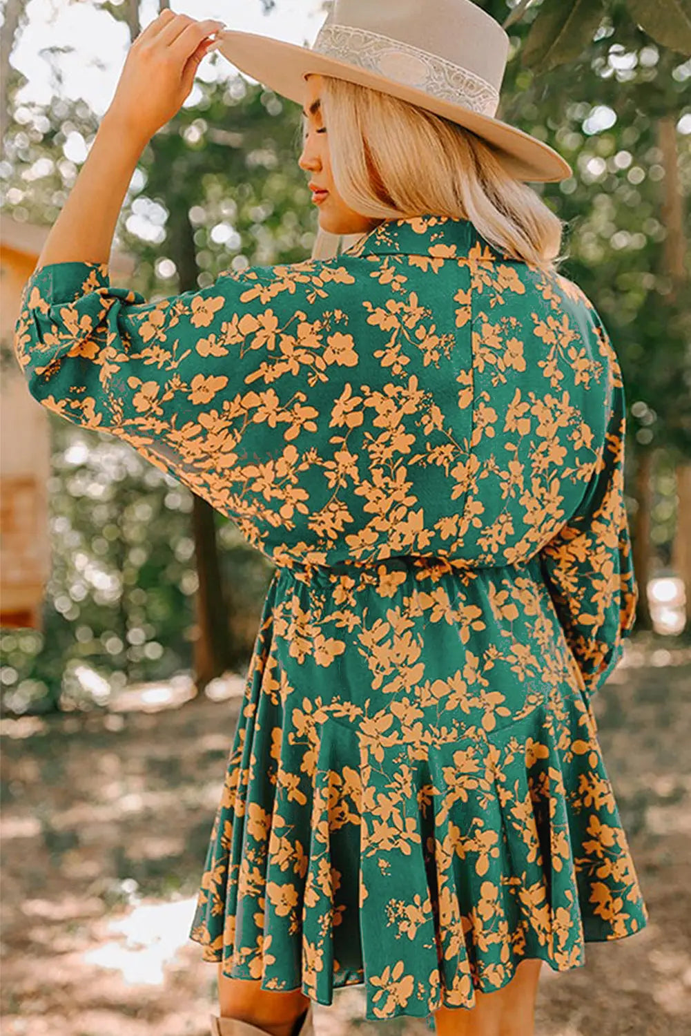 Green Floral Print Drawstring Tunic Flowy Short Dress eAura