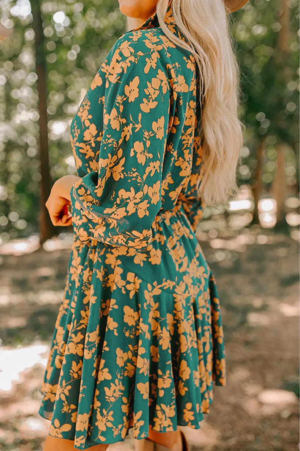 Green Floral Print Drawstring Tunic Flowy Short Dress eAura
