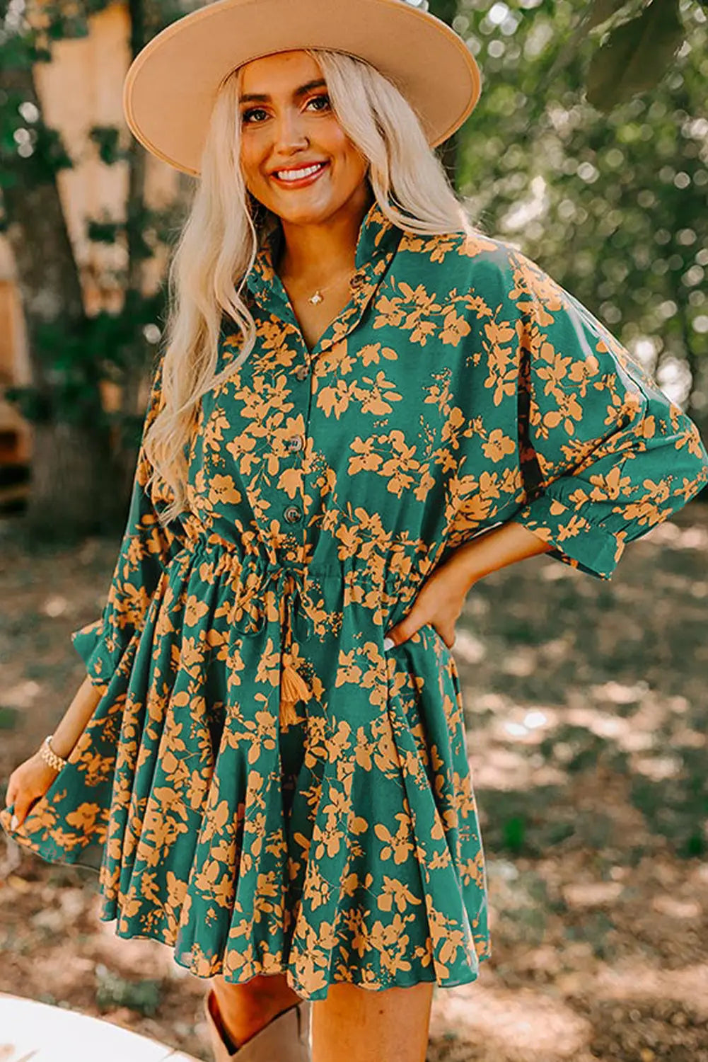 Green Floral Print Drawstring Tunic Flowy Short Dress eAura