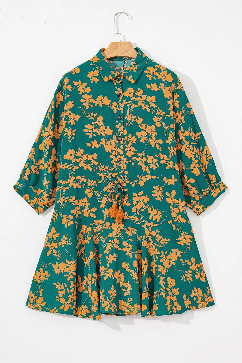 Green Floral Print Drawstring Tunic Flowy Short Dress eAura