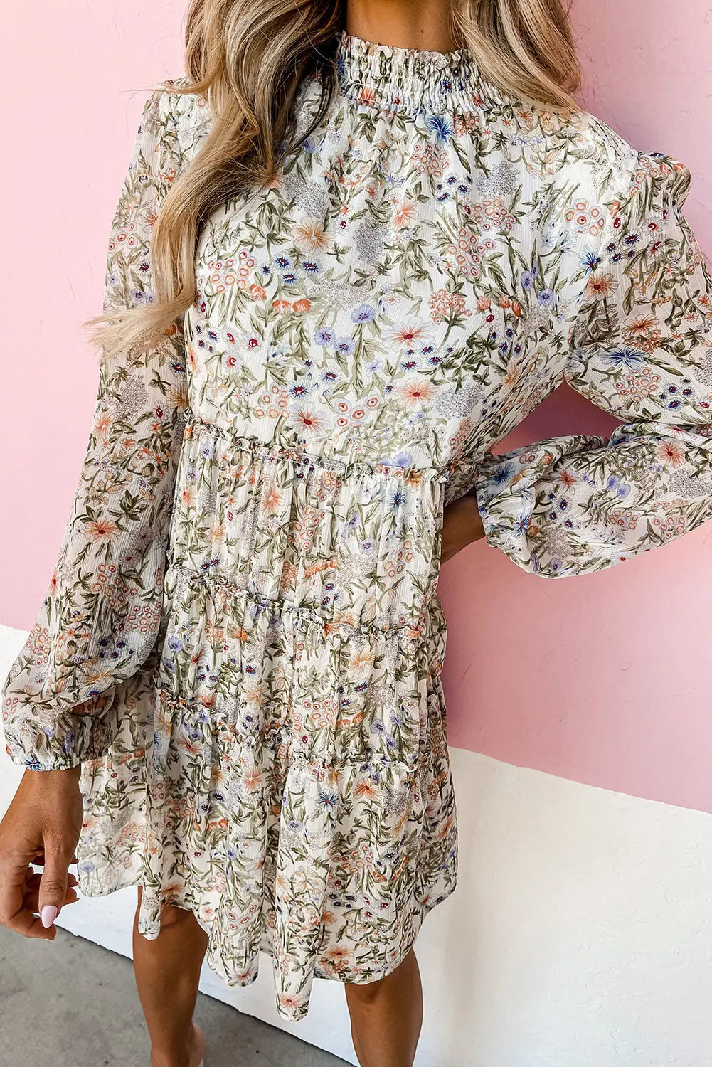 Floral Tiered Mock Neck Mini Dress