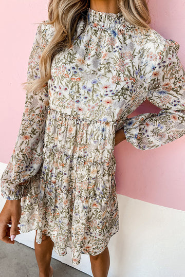 Green Floral Print Tiered Frilled Shirred Mock Neck Mini Dress - GREEN / S / 100% POLYESTER - Dresses/Mini Dresses