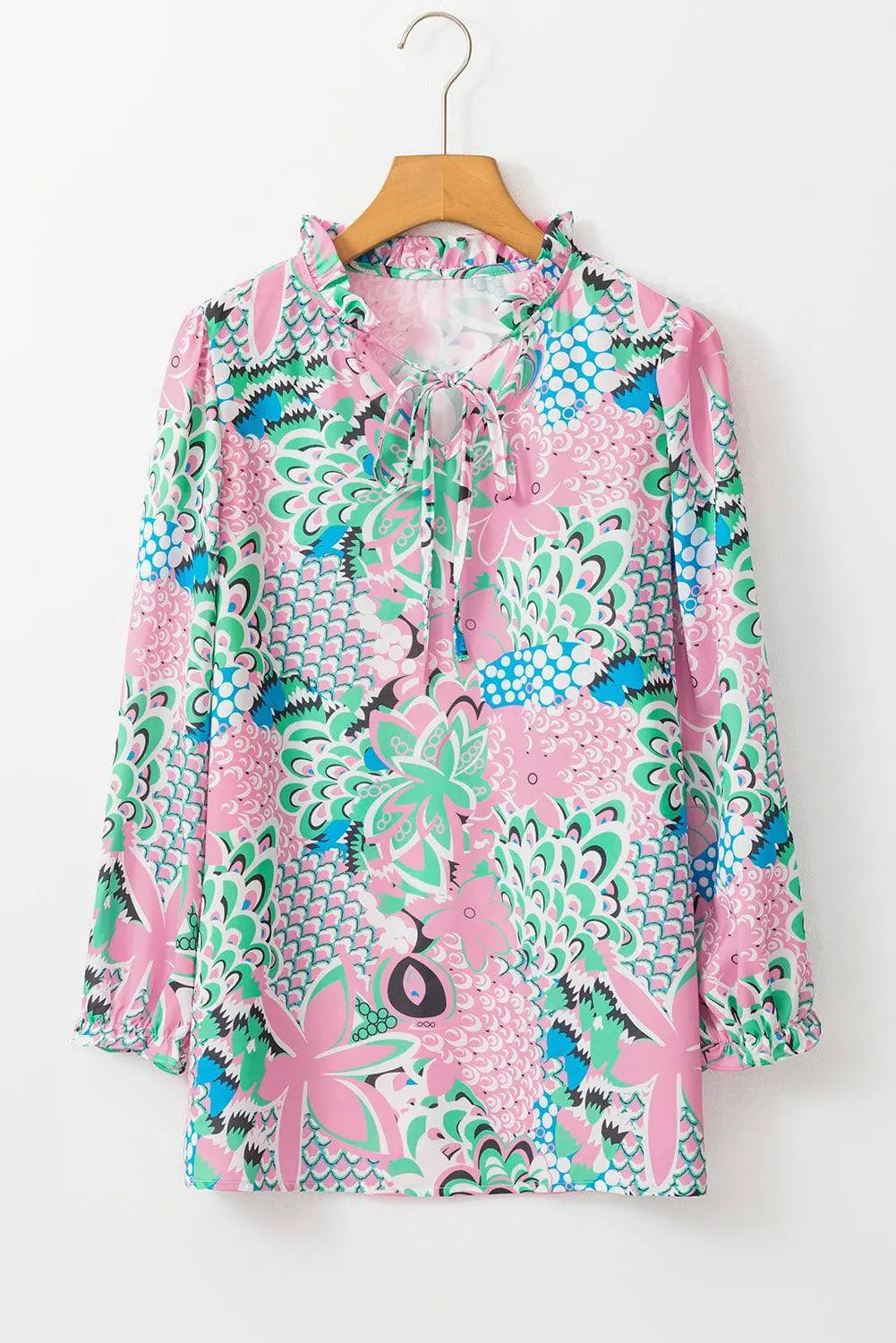Green Floral Print V Neck Tied Loose Blouse - BB Fashion Outlet