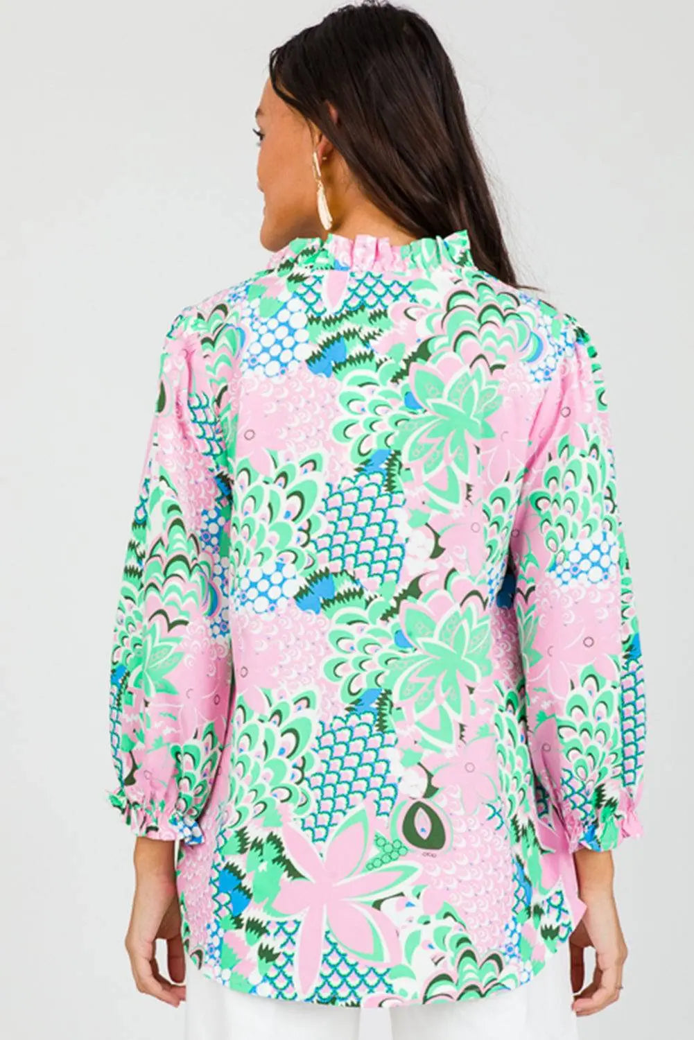 Green Floral Print V Neck Tied Loose Blouse - BB Fashion Outlet
