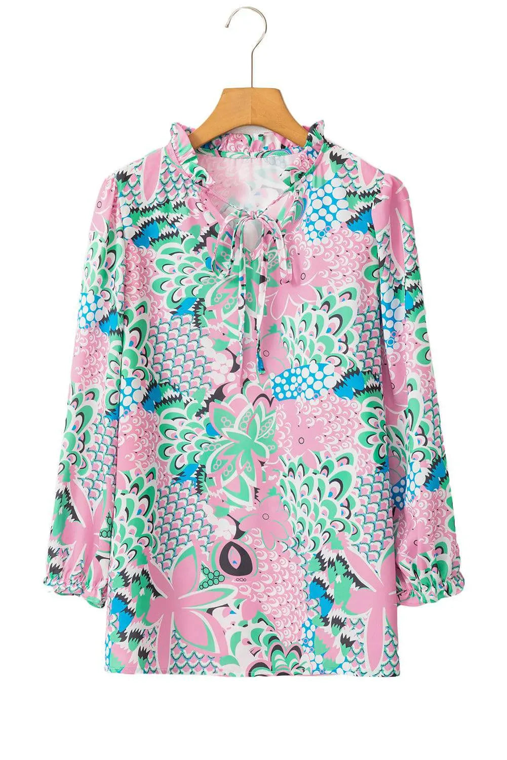 Green Floral Print V Neck Tied Loose Blouse - BB Fashion Outlet