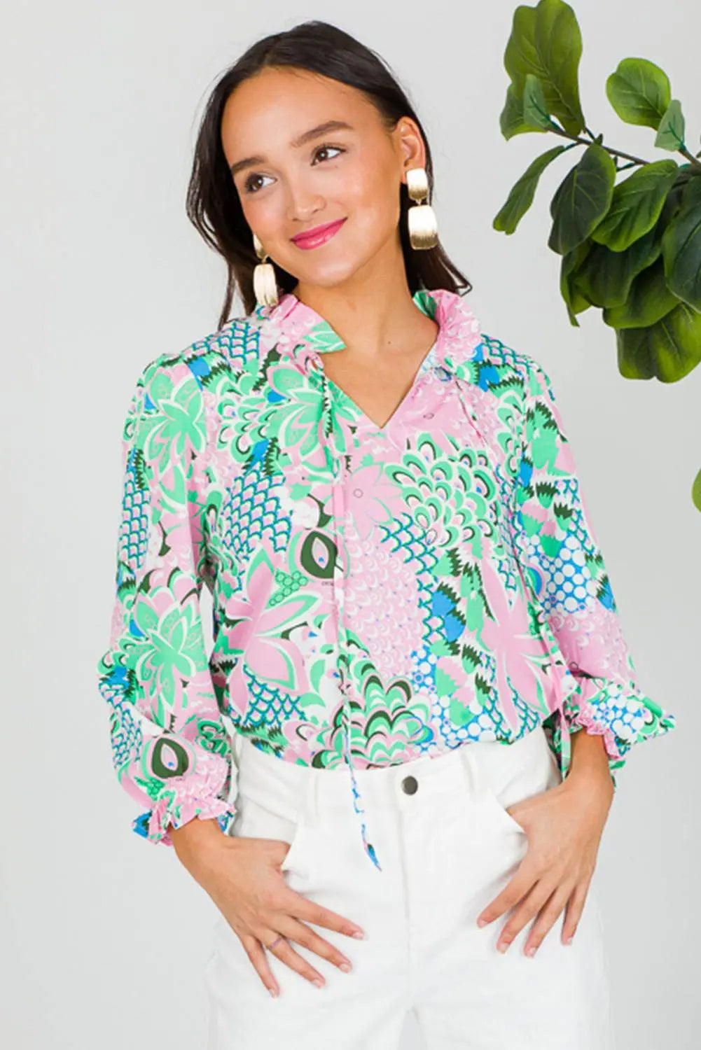 Green Floral Print V Neck Tied Loose Blouse - BB Fashion Outlet
