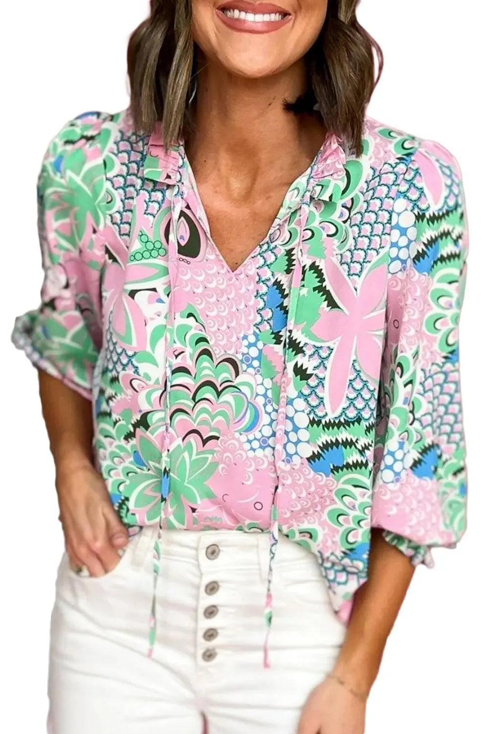Green Floral Print V Neck Tied Loose Blouse - BB Fashion Outlet