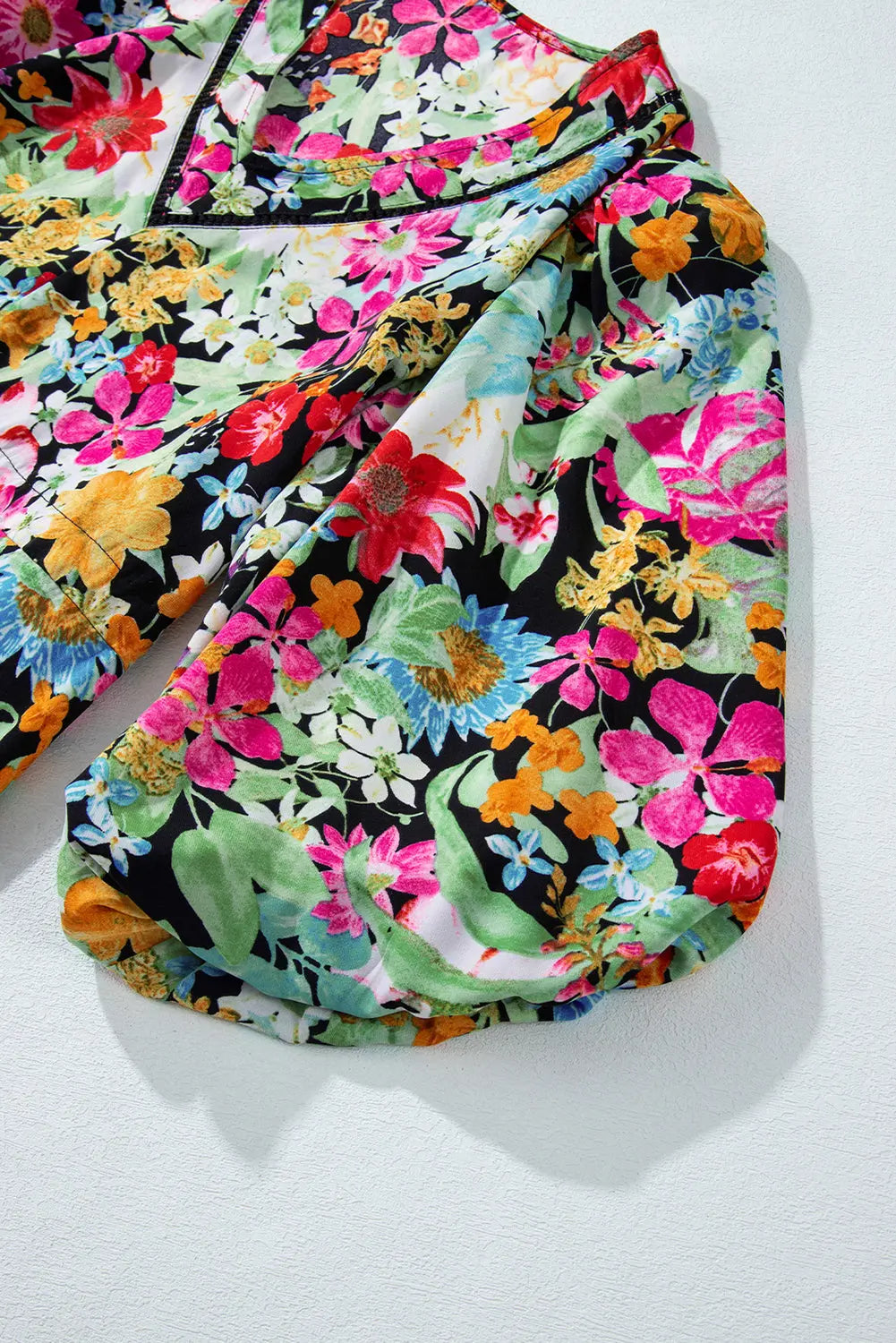 Green Floral Puff Sleeve V Neck Tassel Drawstring Dress - eAura