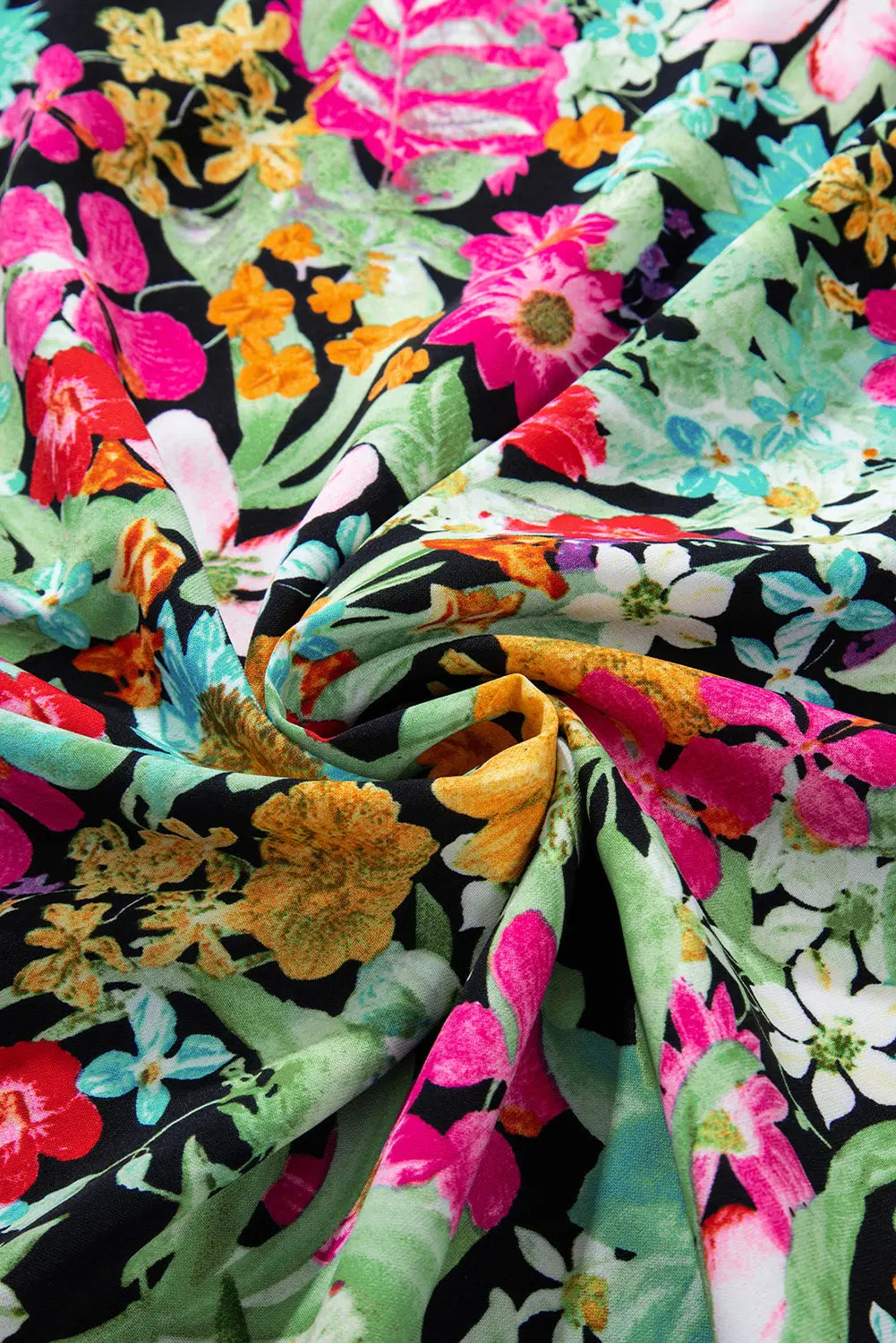 Green Floral Puff Sleeve V Neck Tassel Drawstring Dress - eAura