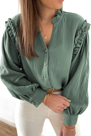 Green Frilled Split Neck Crinkled Shirt - eAura