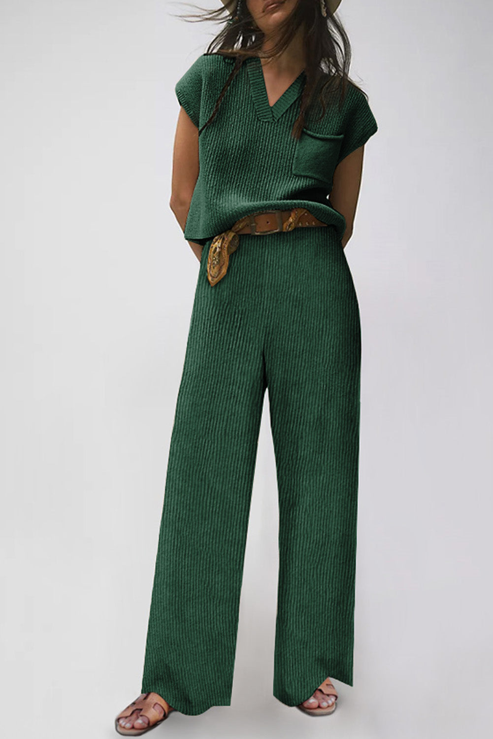Green Knitted V Neck Sweater and Casual Trousers Set - eAura