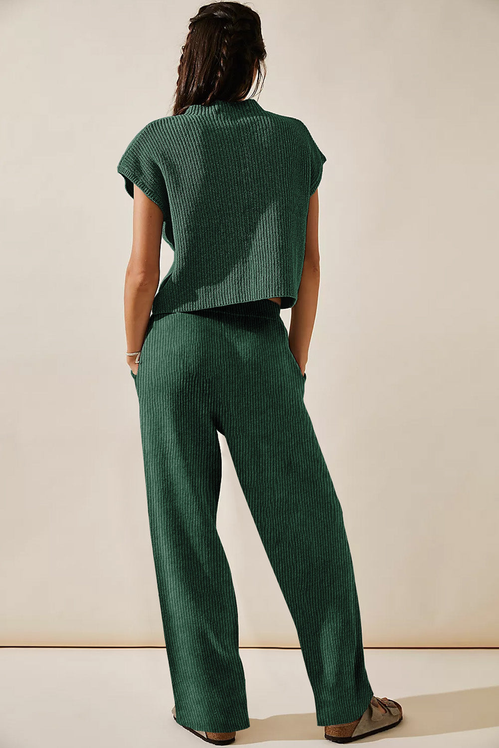 Green Knitted V Neck Sweater and Casual Trousers Set - eAura