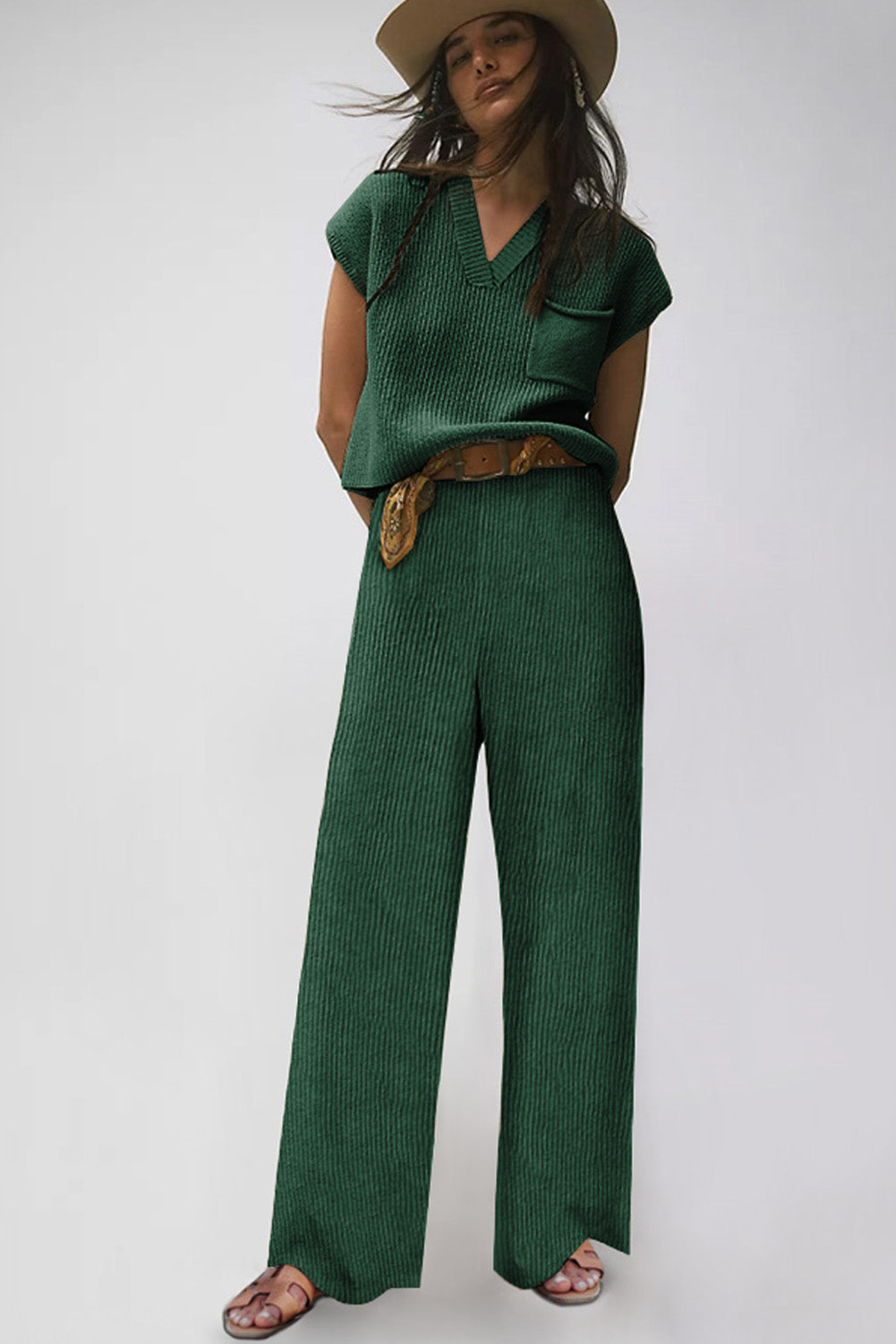 Green Knitted V Neck Sweater and Casual Trousers Set - eAura