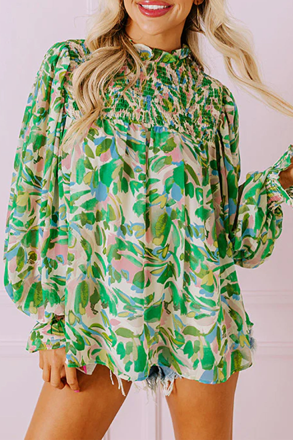 Green Leafy Printed Flounce Sleeve Shirred Mock Neck Blouse - eAura
