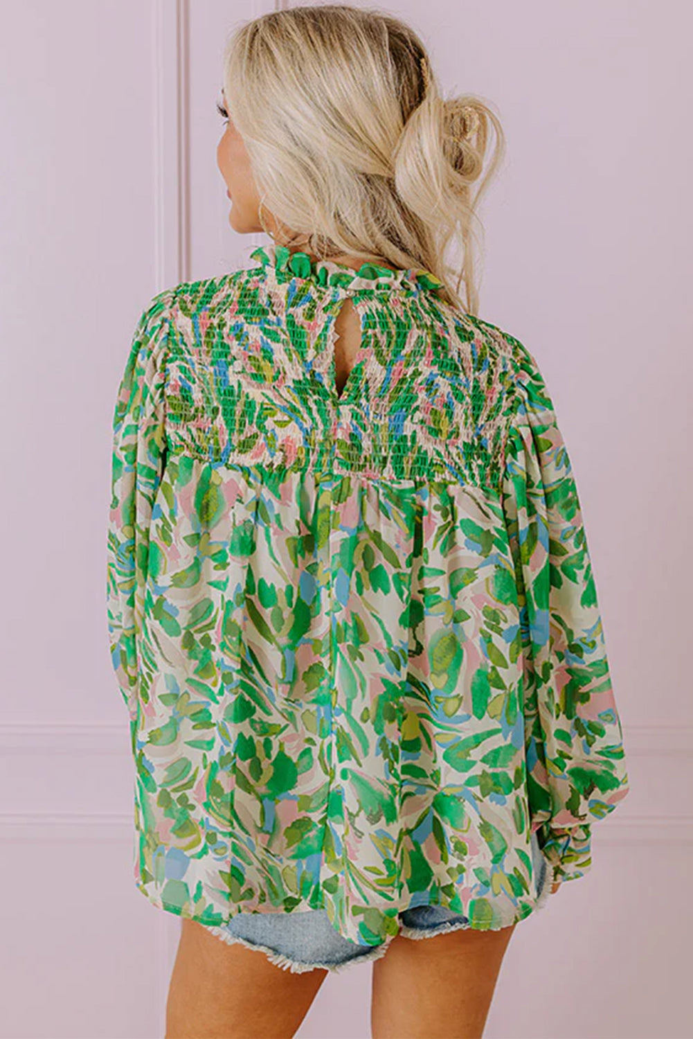 Green Leafy Printed Flounce Sleeve Shirred Mock Neck Blouse - eAura