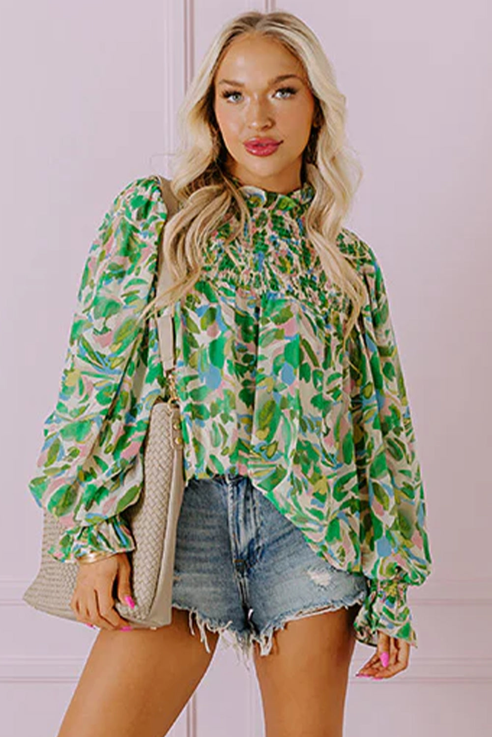 Green Leafy Printed Flounce Sleeve Shirred Mock Neck Blouse - Tops/Blouses & Shirts