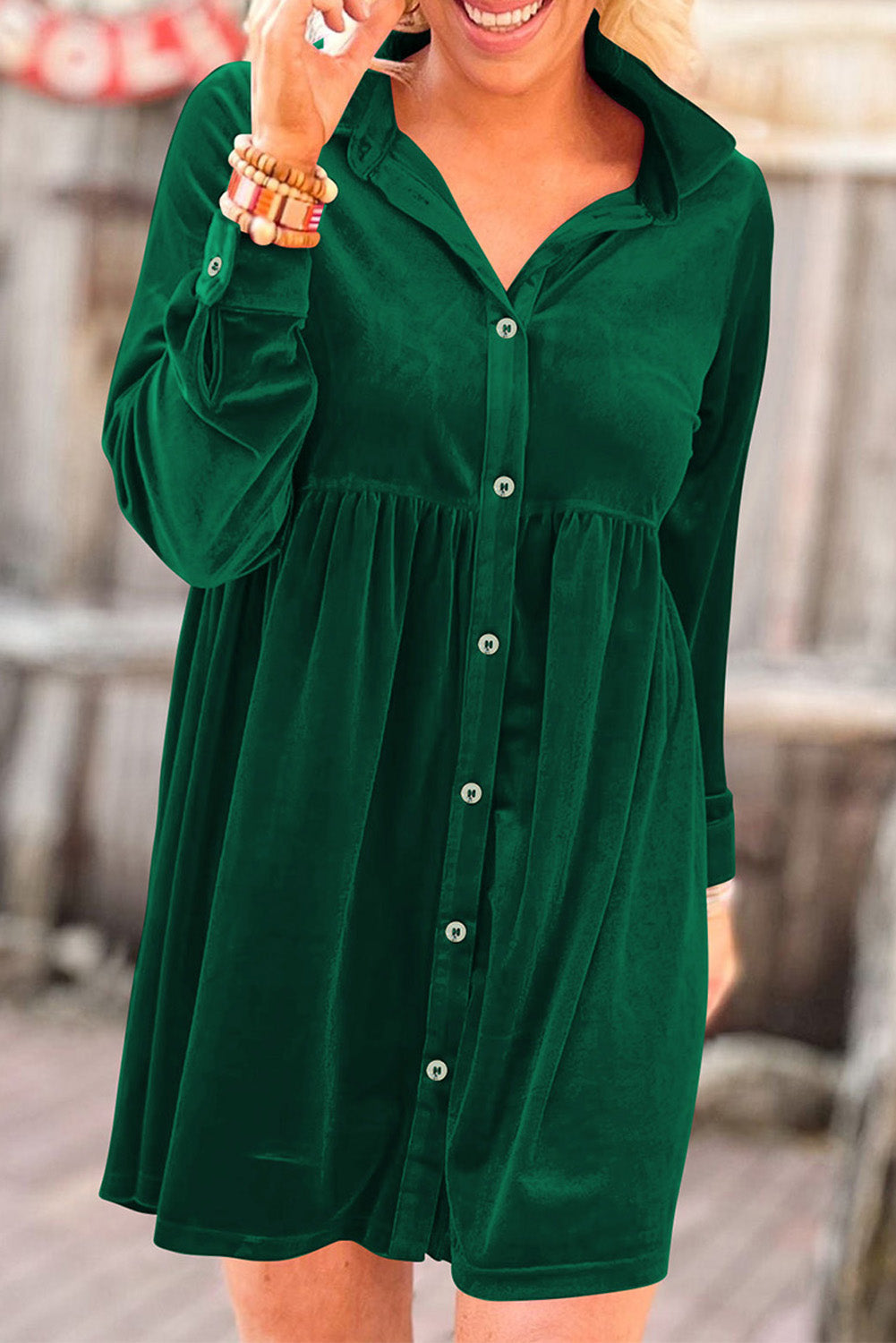 Green Long Sleeve Ruffle Velvet Button Up Dress - eAura