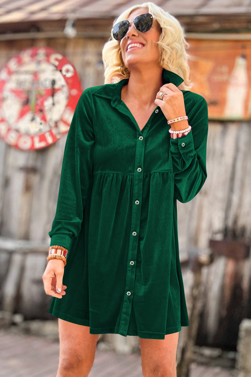 Green Long Sleeve Ruffle Velvet Button Up Dress - eAura