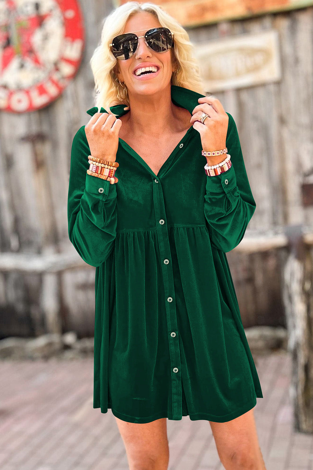 Green Long Sleeve Ruffle Velvet Button Up Dress - eAura
