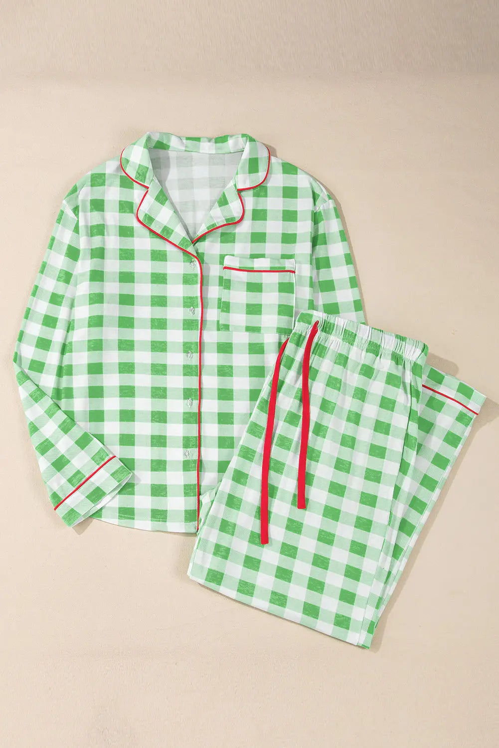 Green Plaid Print Contrast Trim Long Sleeve Plus Size Pyjamas Set Beagle Boutique Fashion Outlet
