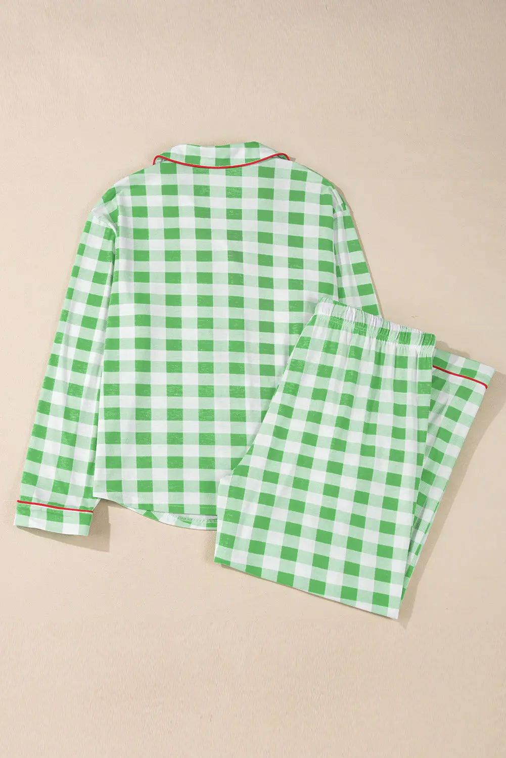 Green Plaid Print Contrast Trim Long Sleeve Plus Size Pyjamas Set Beagle Boutique Fashion Outlet