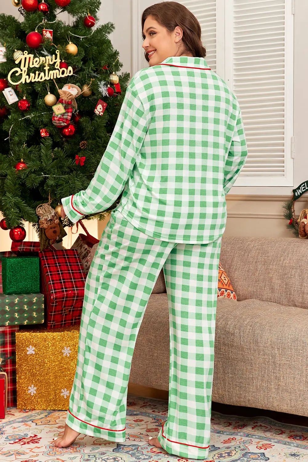 Green Plaid Print Contrast Trim Long Sleeve Plus Size Pyjamas Set Beagle Boutique Fashion Outlet