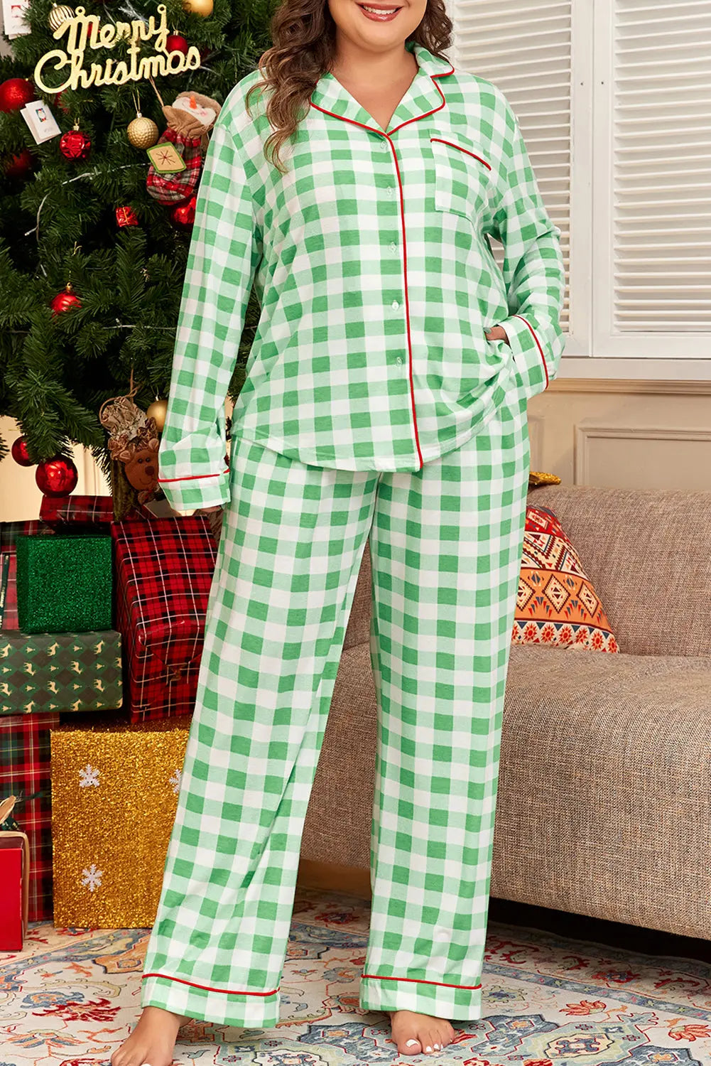 Green Plaid Print Contrast Trim Long Sleeve Plus Size Pyjamas Set Beagle Boutique Fashion Outlet