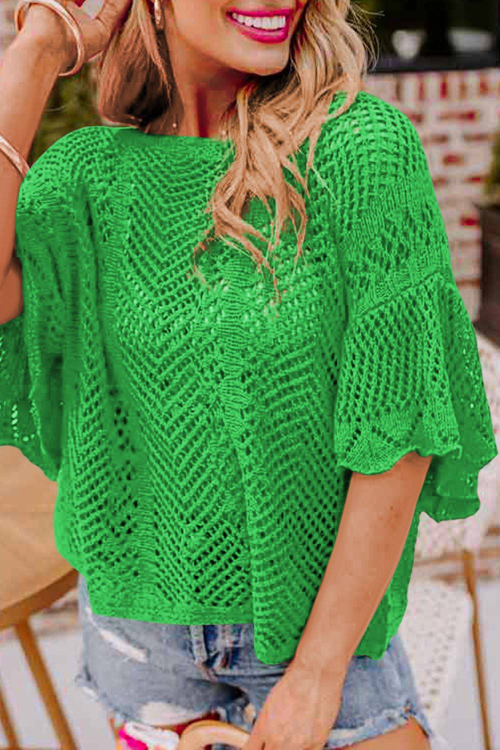 Green Pointelle Knit Scallop Edge Short Sleeve Top - eAura