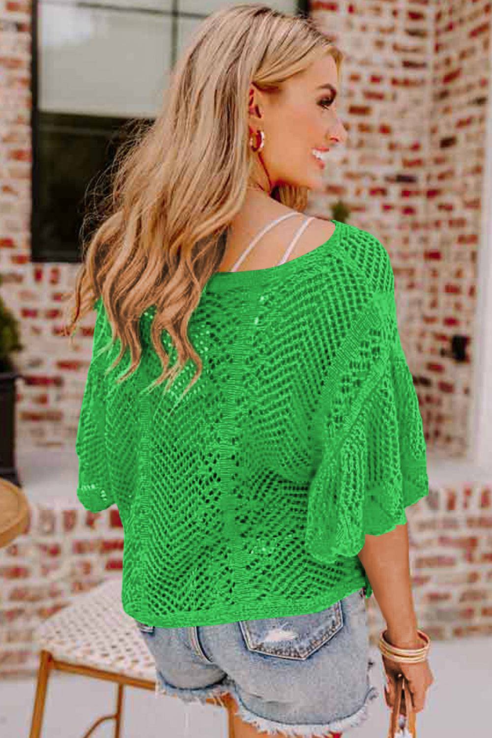 Green Pointelle Knit Scallop Edge Short Sleeve Top - eAura