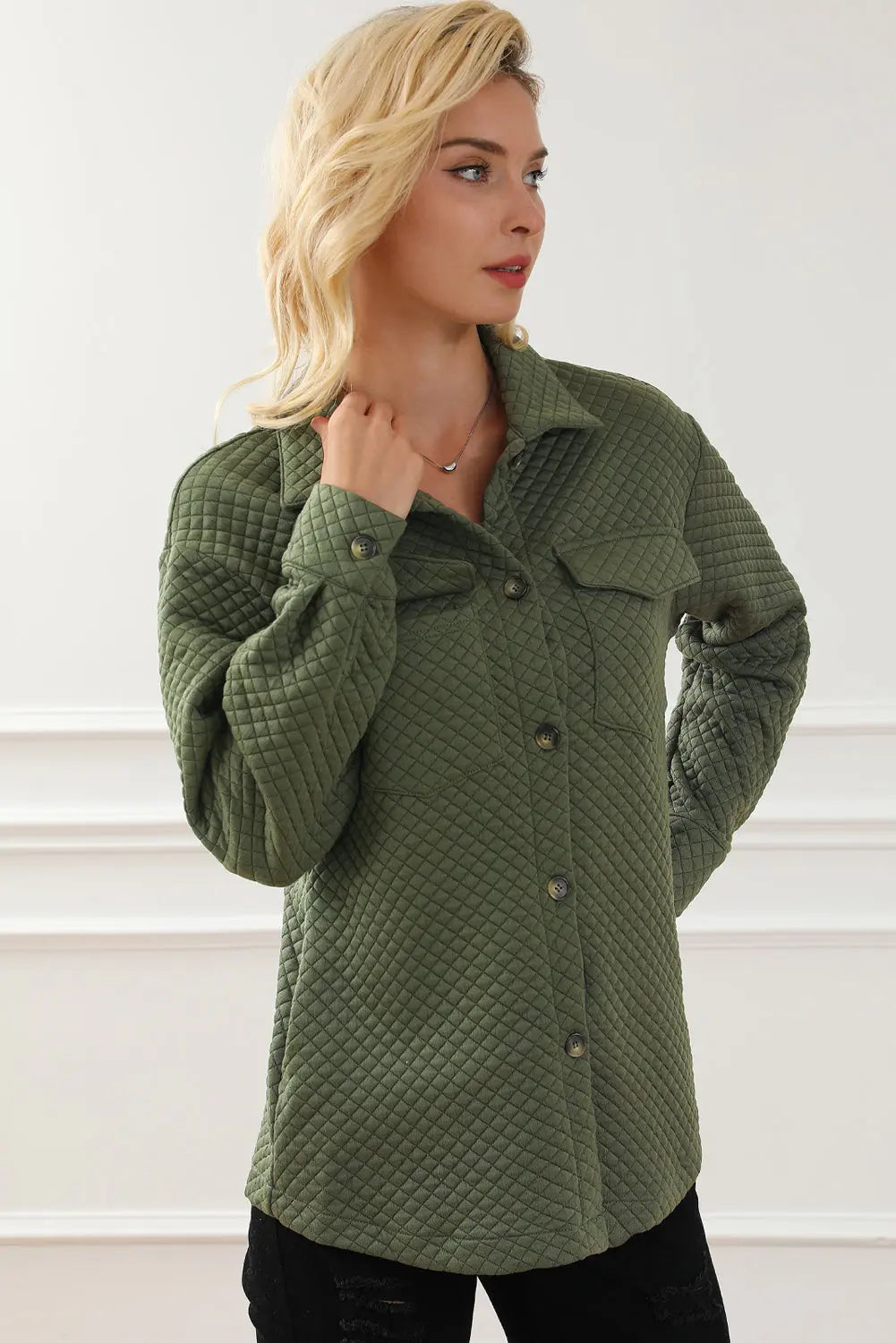Green Retro Quilted Flap Pocket Button Shacket - eAura