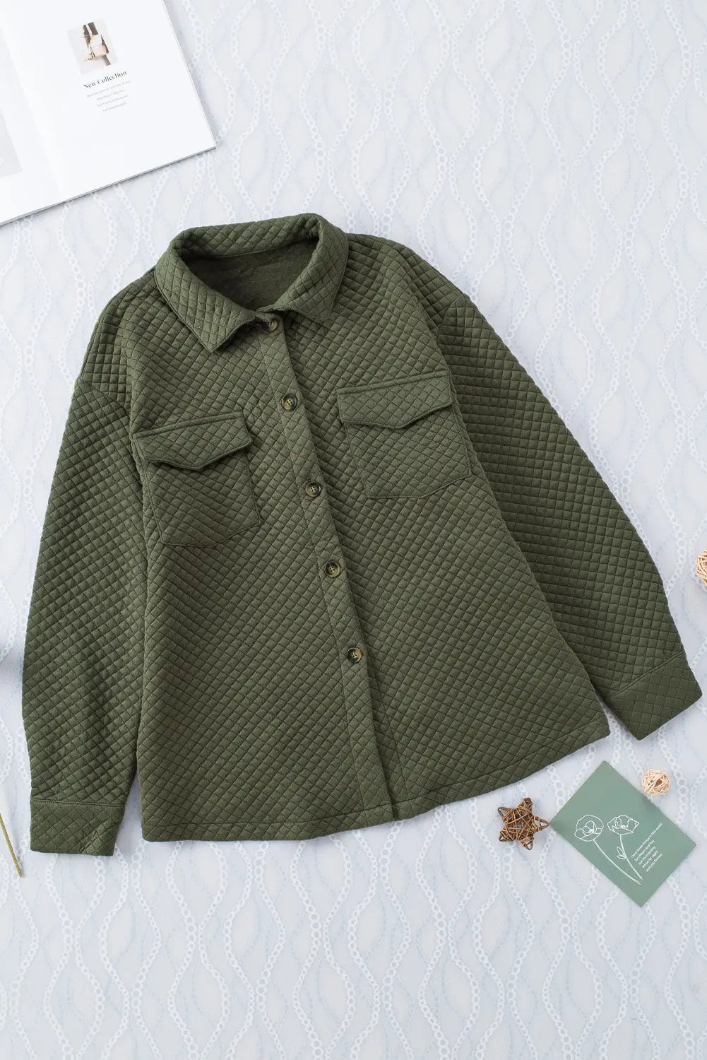 Green Retro Quilted Flap Pocket Button Shacket - eAura