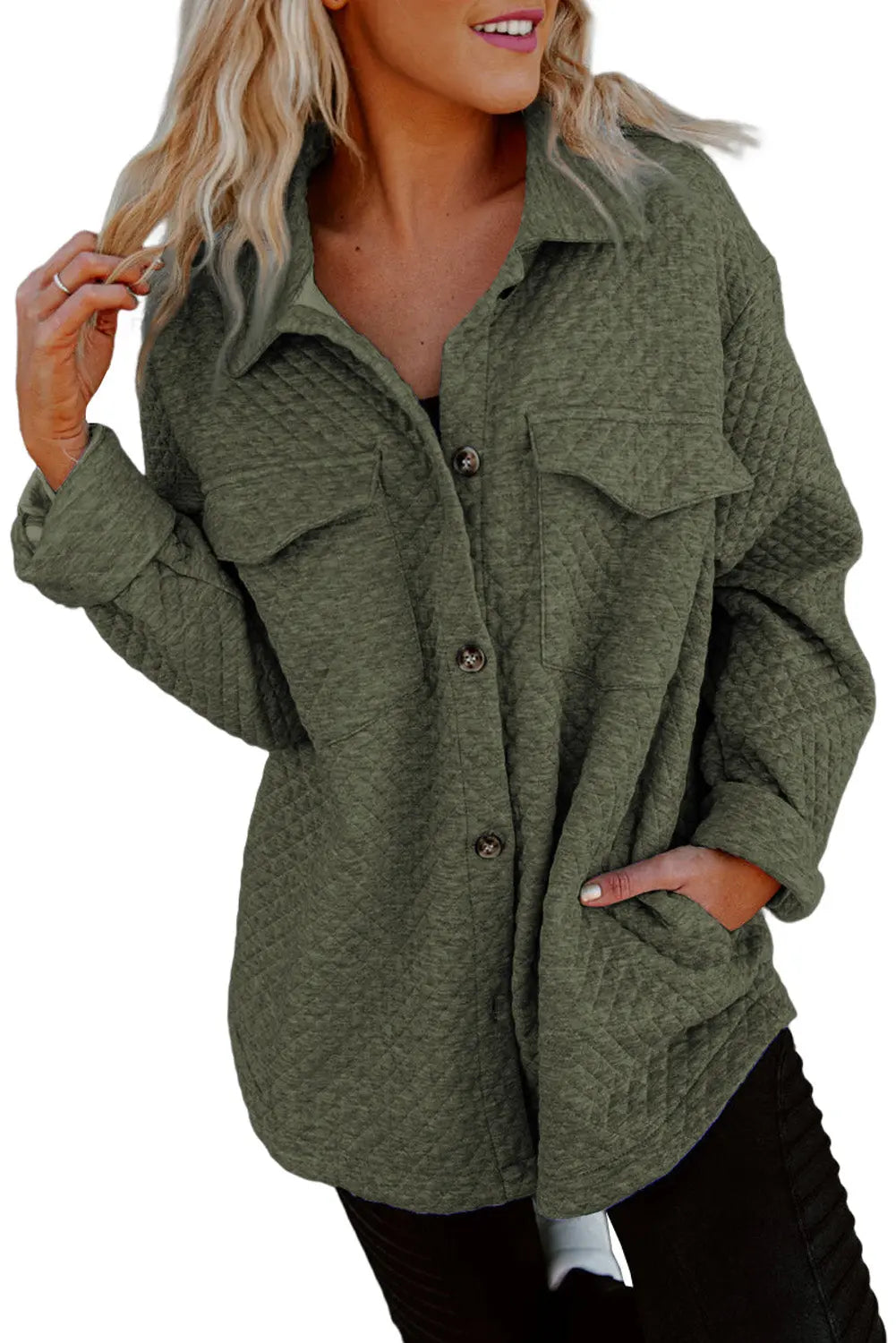Green Retro Quilted Flap Pocket Button Shacket - eAura