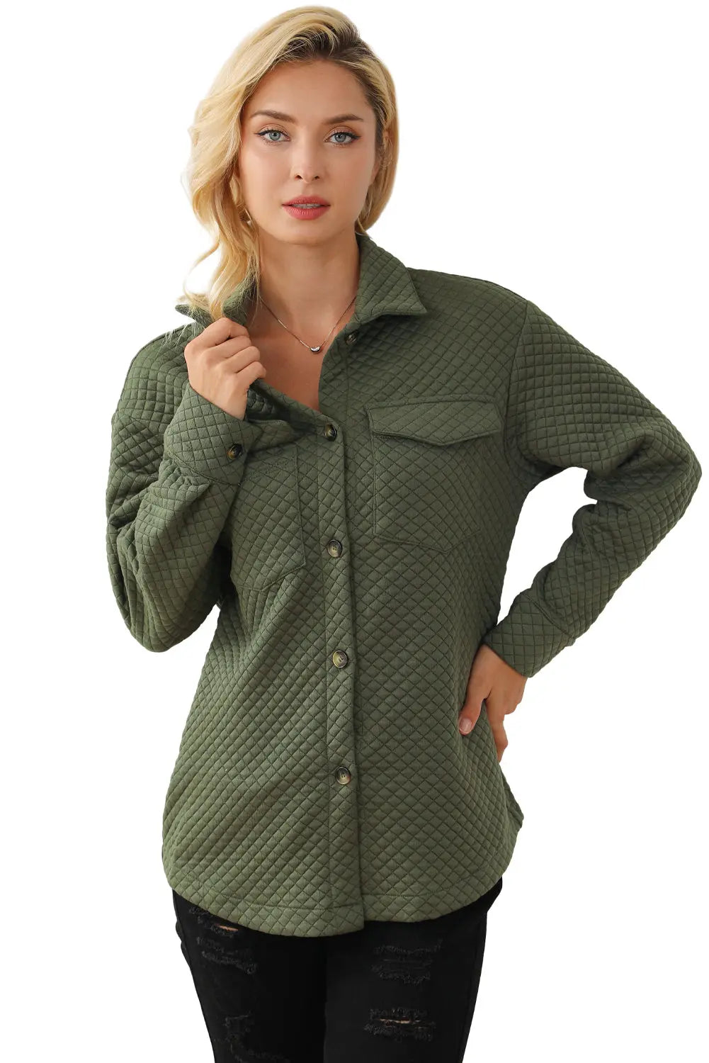Green Retro Quilted Flap Pocket Button Shacket - eAura