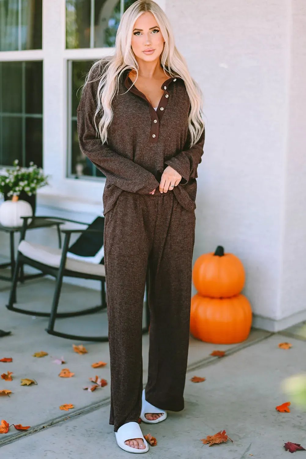 Ribbed Knit Collared Henley Top Trousers Lounge Outfit