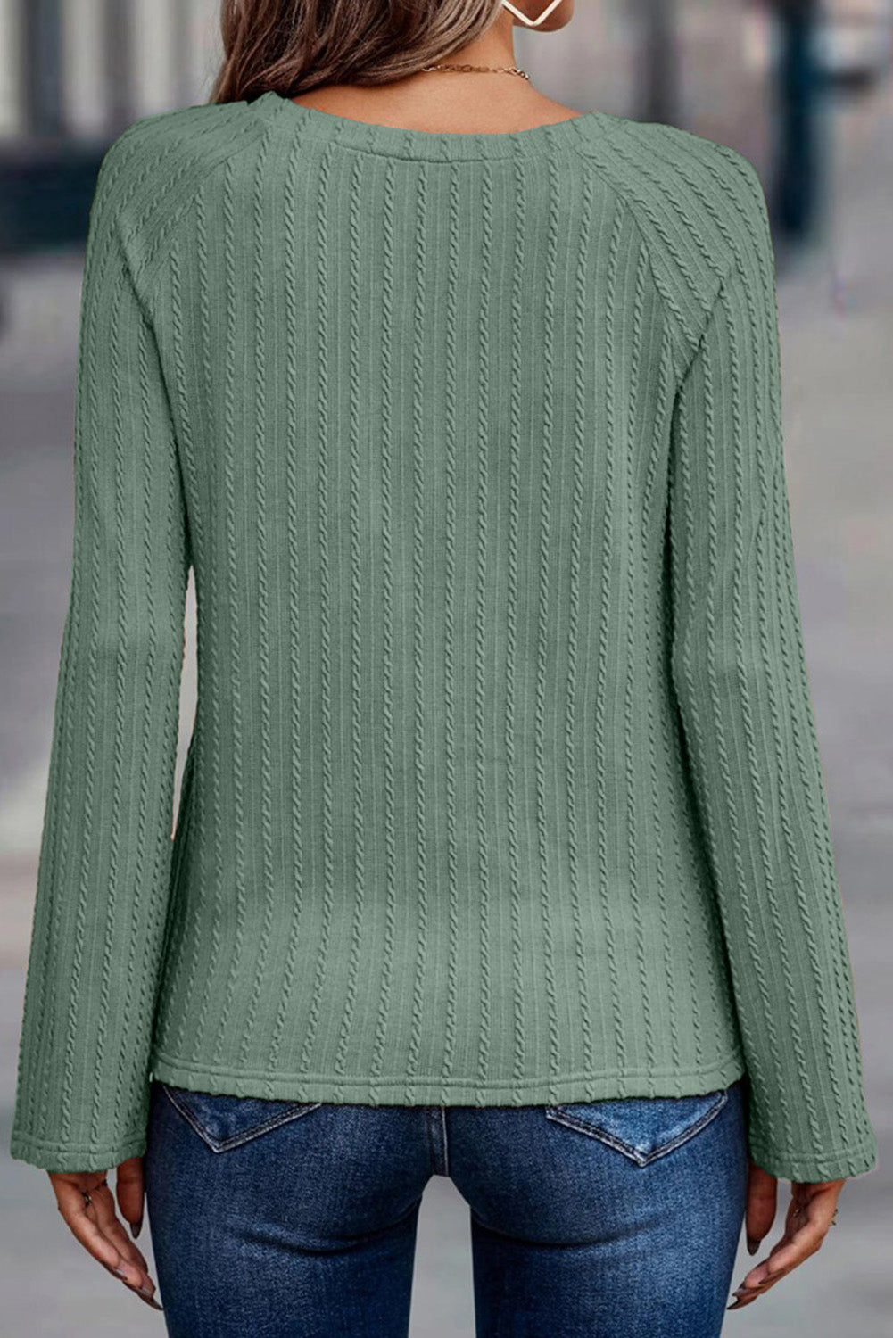 Green Ribbed Round Neck Knit Long Sleeve Top - eAura