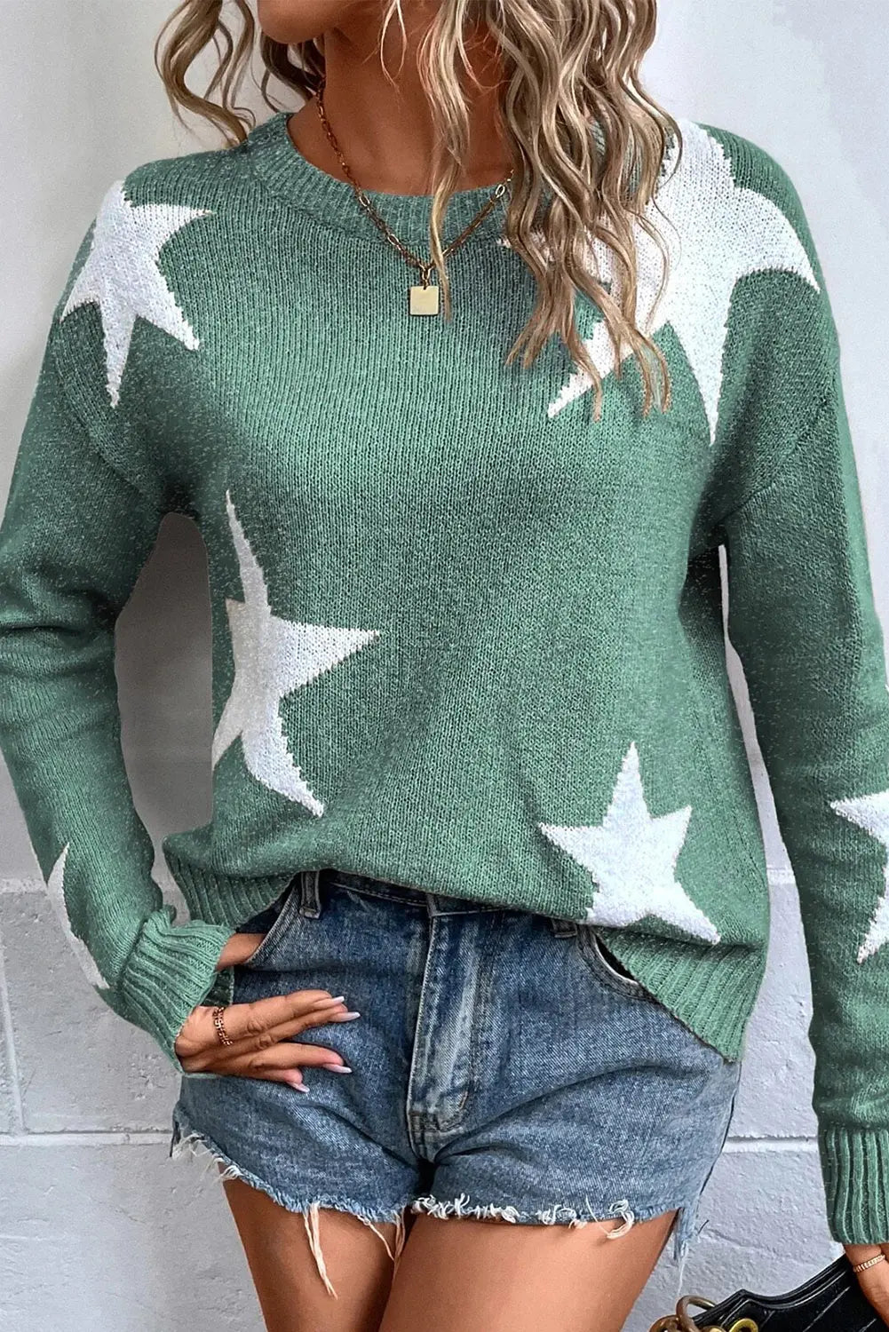 Green Star Pattern Drop Shoulder Sweater Beagle Boutique Fashion Outlet