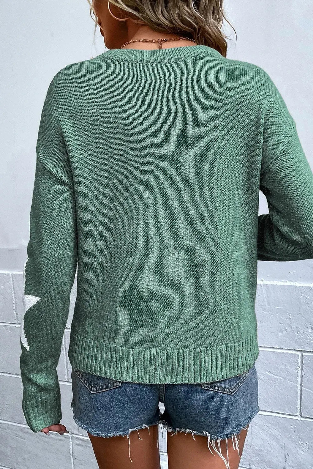 Green Star Pattern Drop Shoulder Sweater Beagle Boutique Fashion Outlet