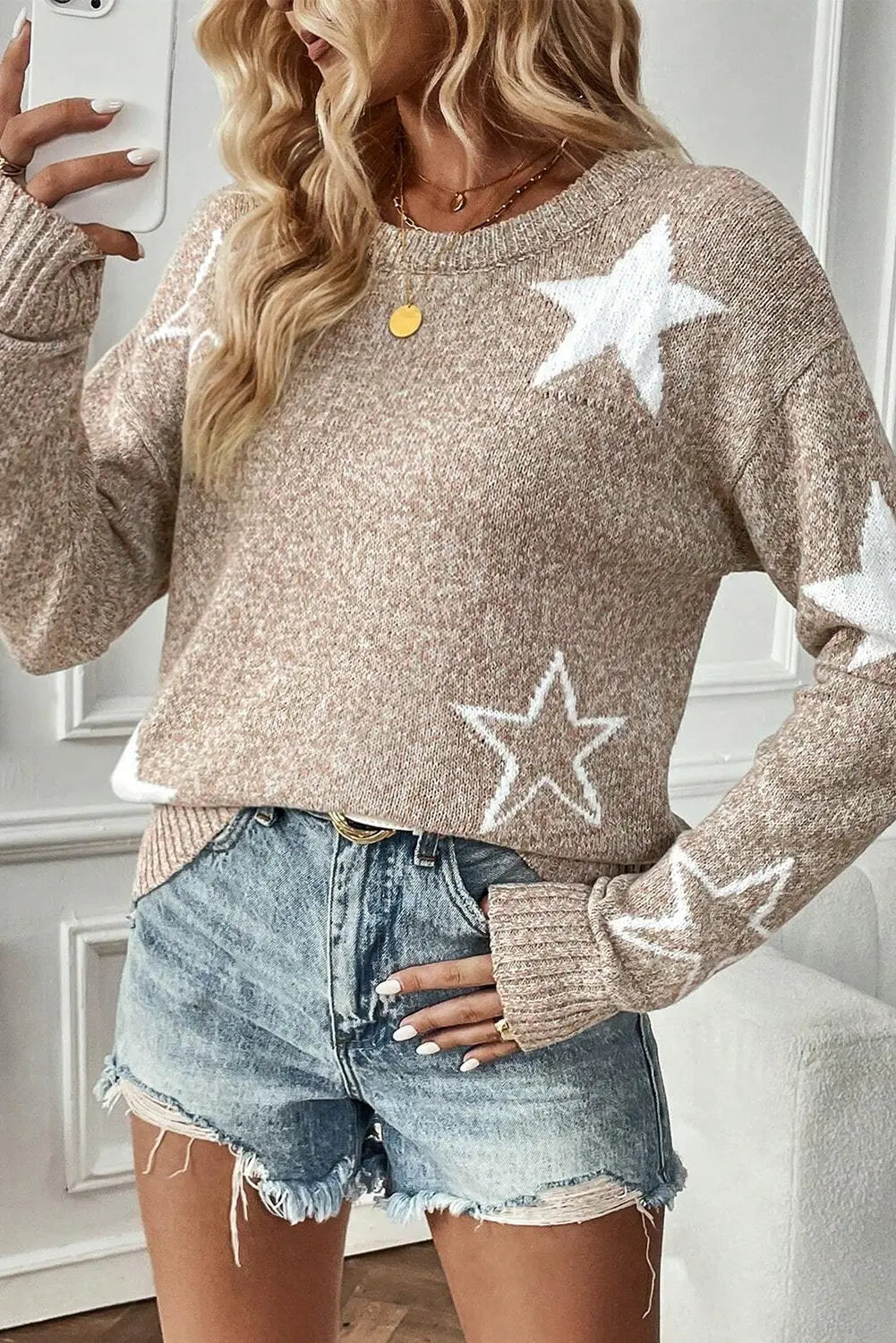 Green Star Pattern Drop Shoulder Sweater Beagle Boutique Fashion Outlet