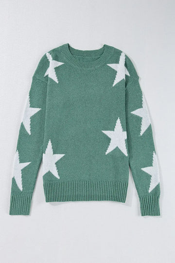 Green Star Pattern Drop Shoulder Sweater Beagle Boutique Fashion Outlet