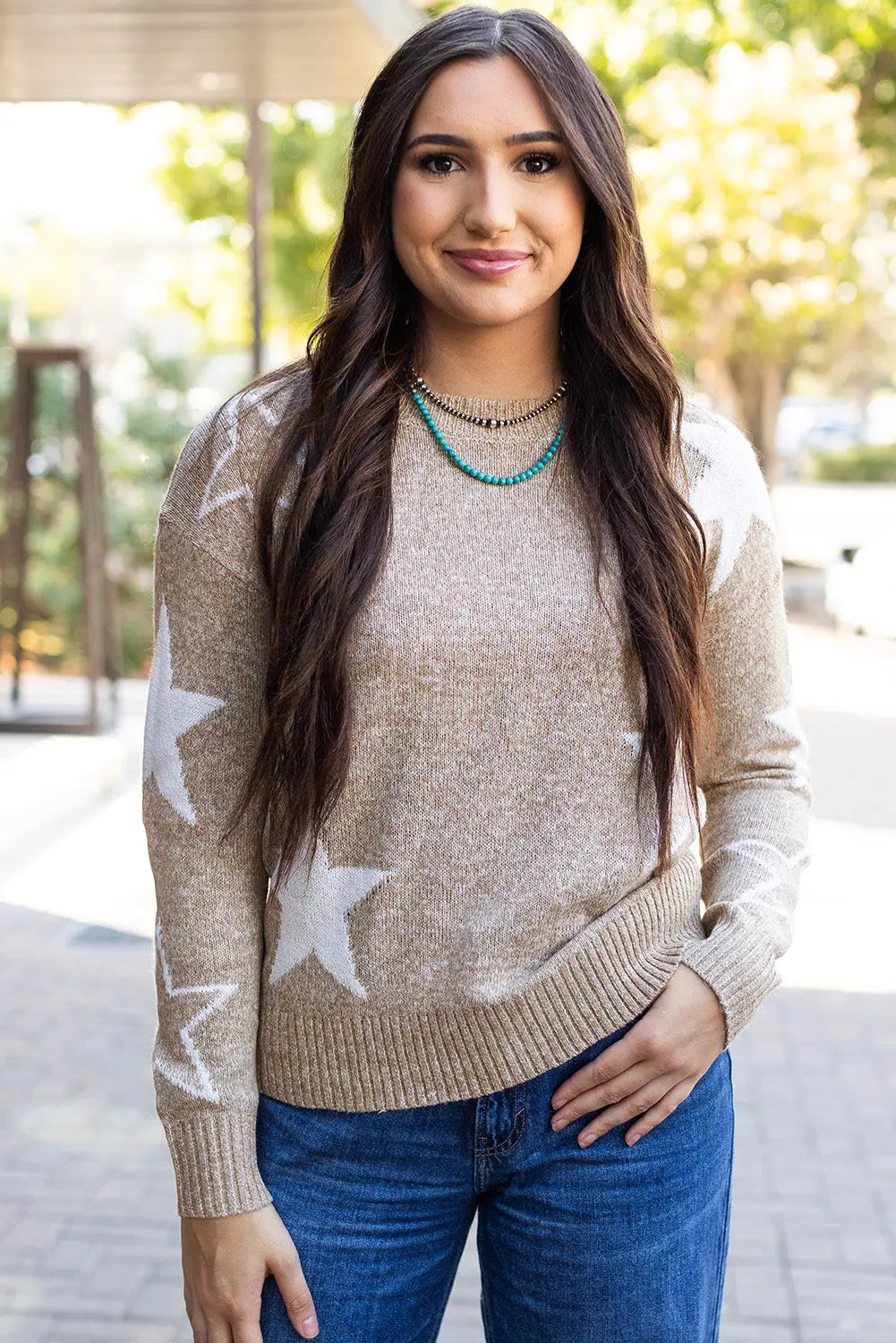 Green Star Pattern Drop Shoulder Sweater Beagle Boutique Fashion Outlet