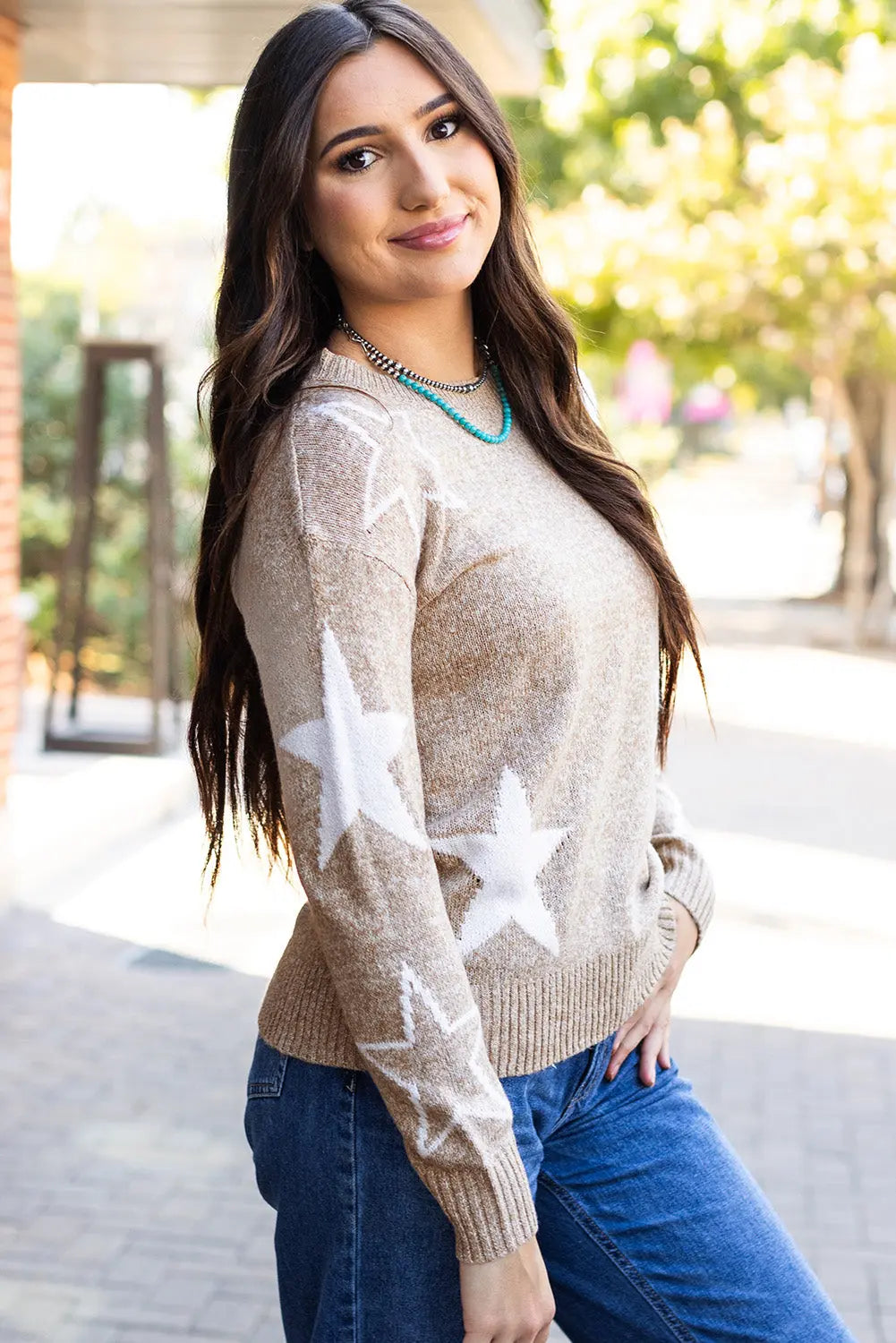 Green Star Pattern Drop Shoulder Sweater Beagle Boutique Fashion Outlet