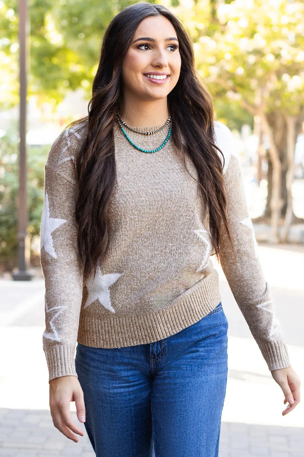 Green Star Pattern Drop Shoulder Sweater Beagle Boutique Fashion Outlet
