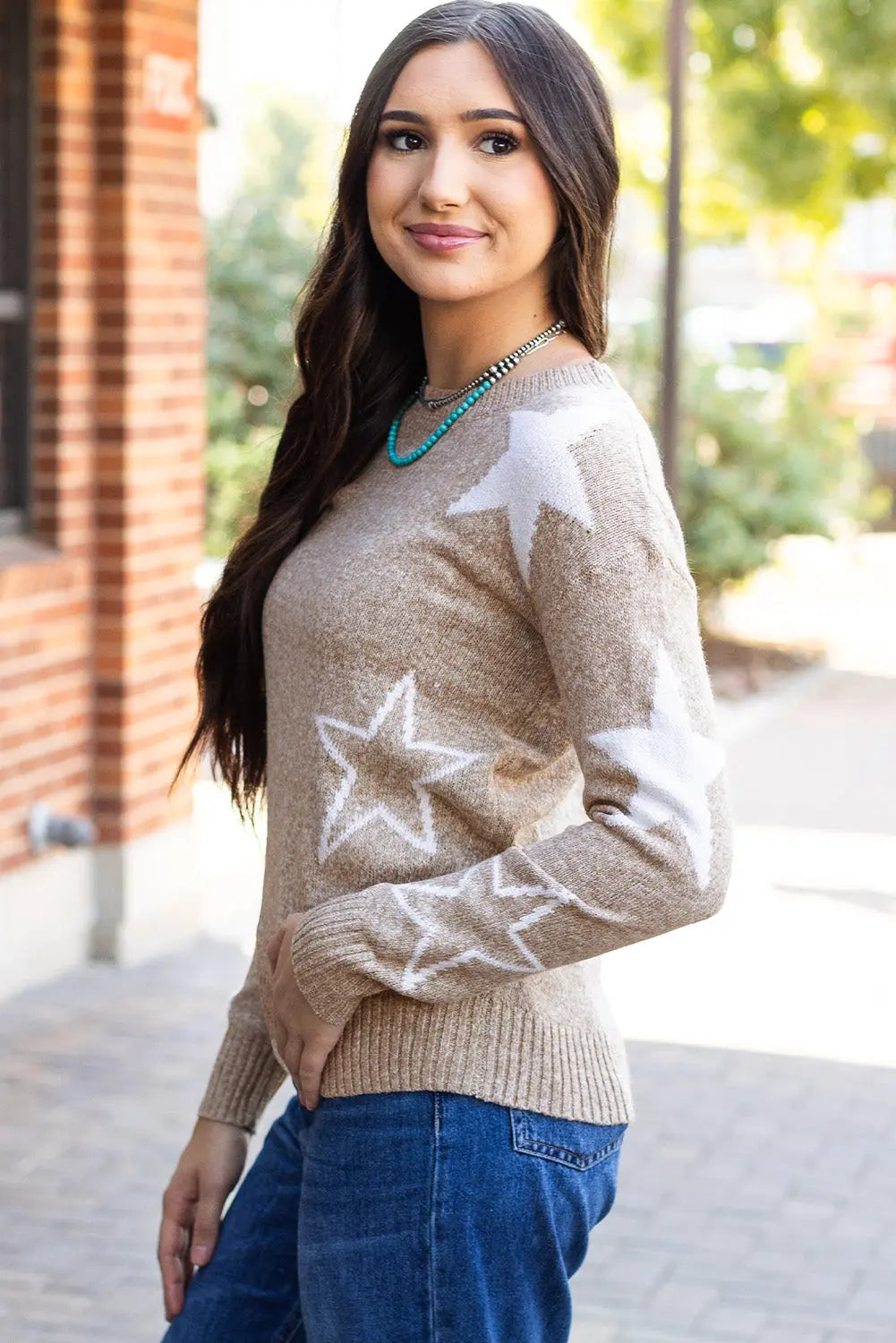 Green Star Pattern Drop Shoulder Sweater Beagle Boutique Fashion Outlet
