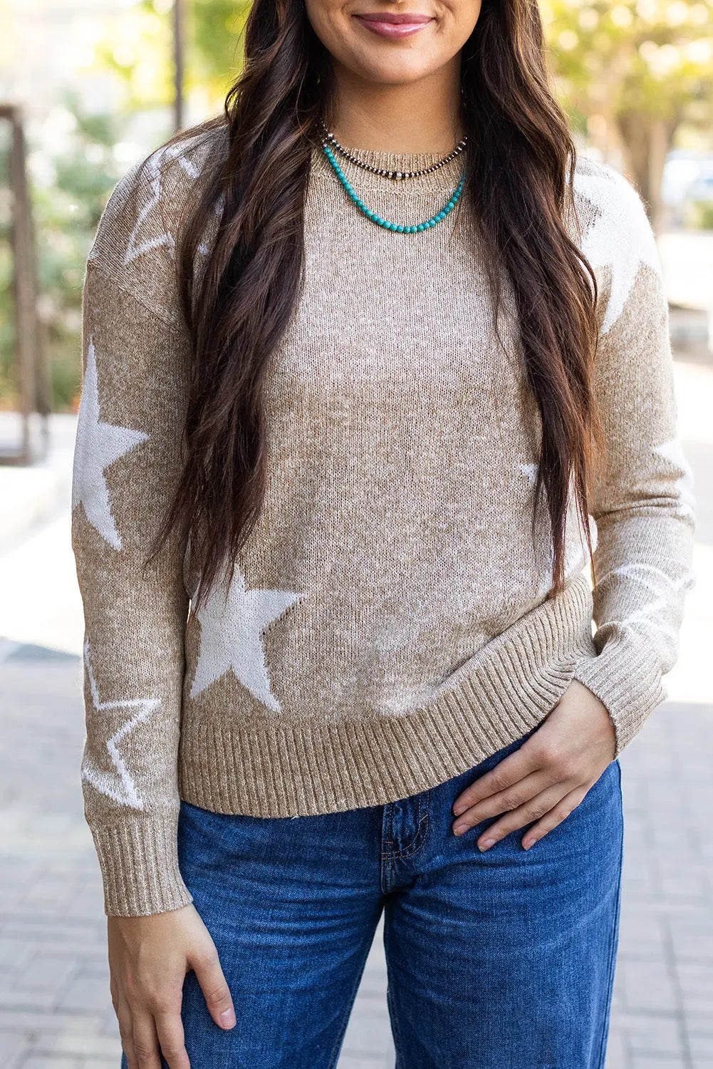 Green Star Pattern Drop Shoulder Sweater Beagle Boutique Fashion Outlet
